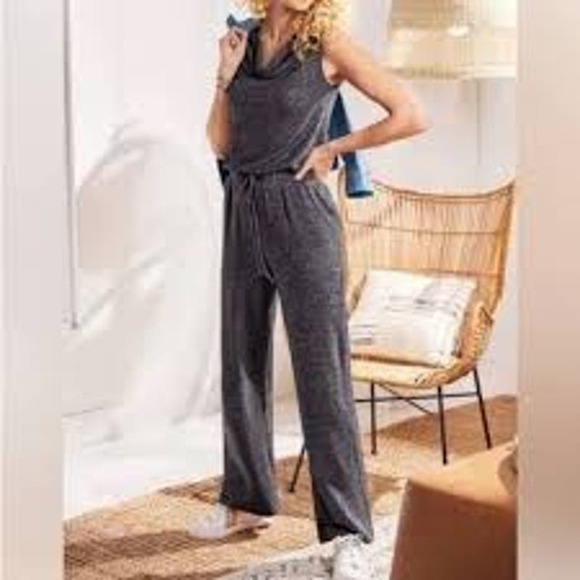 Soft Surroundings Sz PL Dark Gray Cowl Neck Soft Lounge Wide Leg Jumpsuit - Picture 1 of 11